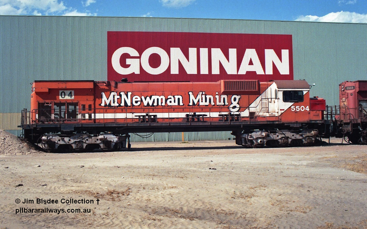 24901
Bassendean, Goninan workshops, Mt Newman Mining's Comeng NSW built ALCo M636 5504 serial C6104-2 sits out the back in a partially stripped state. This unit was subsequently scrapped. July 1995.
Jim Bisdee photo.
Keywords: 5504;Comeng-NSW;MLW-ALCo;M636;C6104-2;