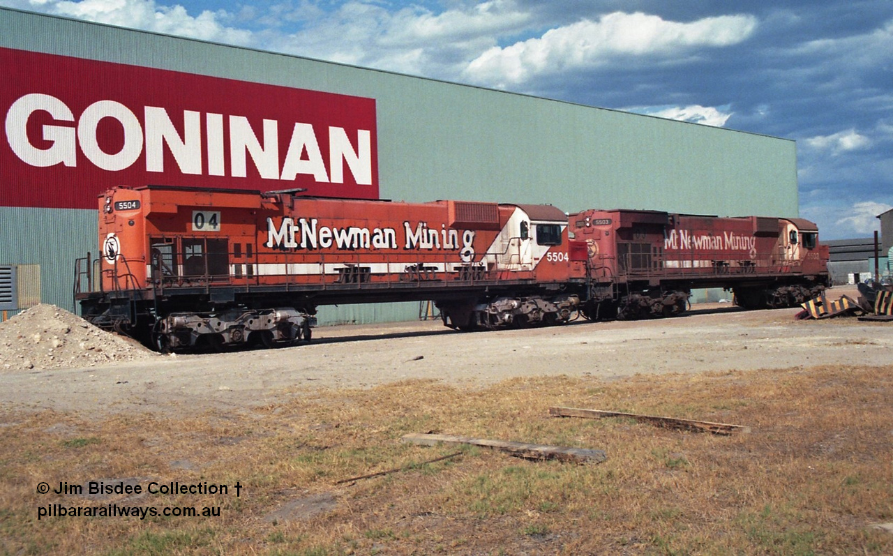 24902
Bassendean, Goninan workshops, Mt Newman Mining's Comeng NSW built ALCo M636 5504 serial C6104-2 sits out the back in a partially stripped state with fellow unit 5503. Both of these units was subsequently scrapped. July 1995.
Jim Bisdee photo.
Keywords: 5504;Comeng-NSW;MLW-ALCo;M636;C6104-2;
