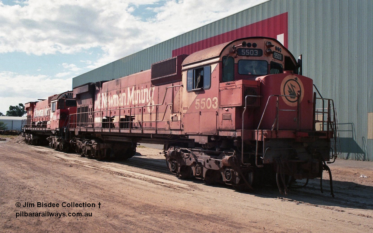 24905
Bassendean, Goninan workshops, Mt Newman Mining's Comeng NSW built ALCo M636 5503 serial C6104-1 sits out the back in a partially stripped state. This unit was subsequently scrapped. July 1995.
Jim Bisdee photo.
Keywords: 5503;Comeng-NSW;ALCo;M636;C6104-1;