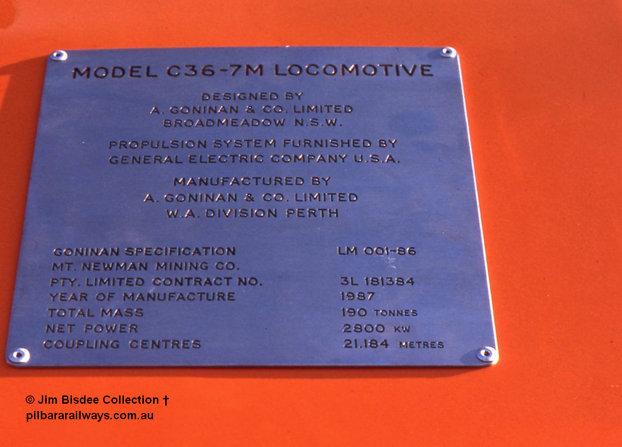 5953 001 Welshpool 1987Jan
Builders plate on Goninan rebuilt GE C36-7M unit 5506 'Mt Whaleback' serial 4839-01 / 87-071 rebuilt using Mt Newman Mining AE Goodwin ALCo C636 5455 serial G6012-4. January 1987.
Jim Bisdee photo.
Keywords: 5506;Goninan;GE;C36-7M;4839-01/87-071;rebuild;AE-Goodwin;ALCo;C636;5455;G6012-4;