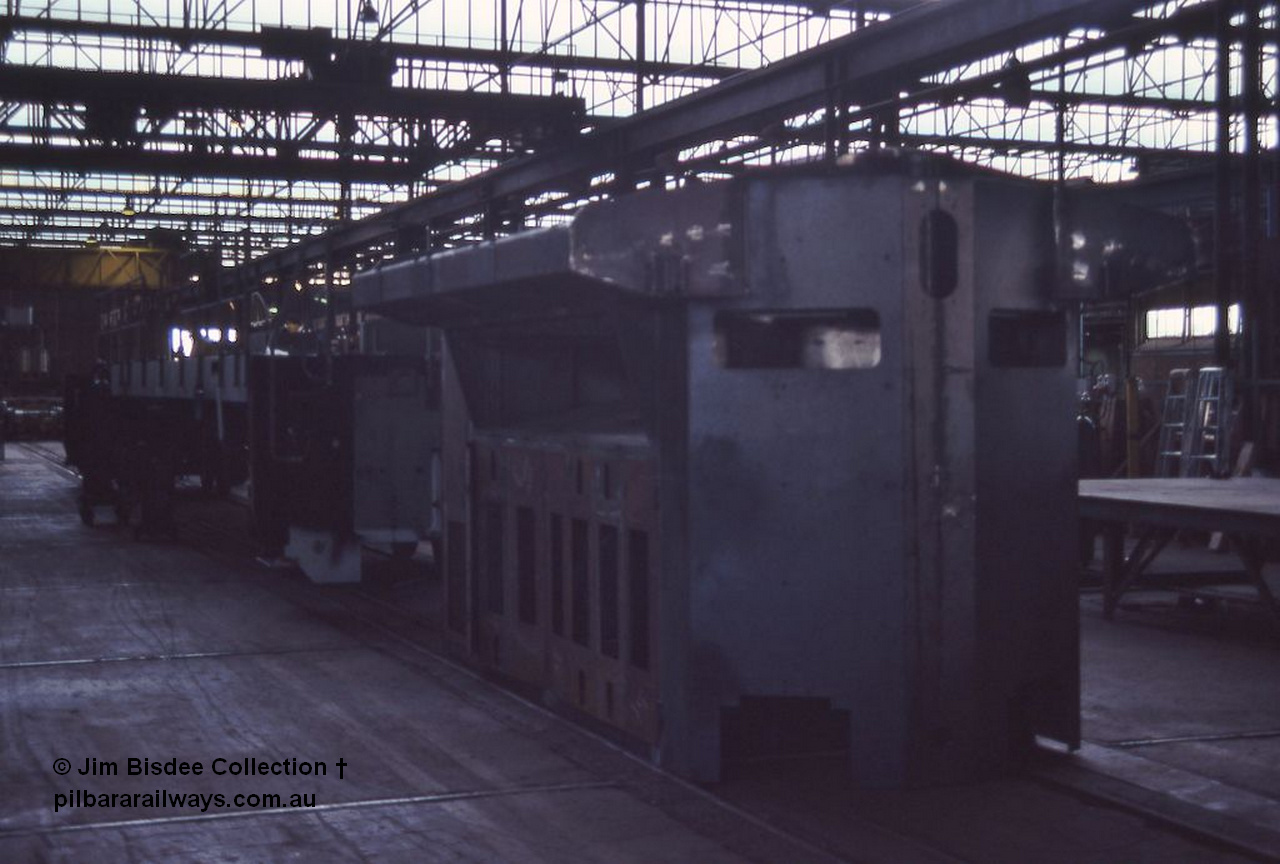 6982 001
Welshpool, Goninan Open Day 27th August, 1988. Radiator section and frame for new build CM39-8 unit 5633 in the early stages of assembly.
Jim Bisdee photo.
