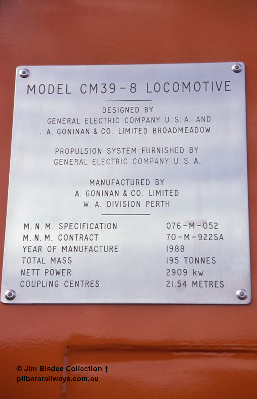 6994 001
Welshpool, Goninan Open Day 27th August, 1988. Builders Plate detail for Mt Newman Mining's Goninan new build GE CM39-8 model loco 5630 'Zeus' serial 5831-09 / 88-079.
Jim Bisdee photo.
Keywords: 5630;Goninan;GE;CM39-8;5831-09/88-079;