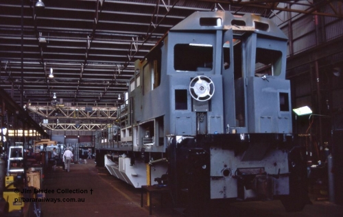 1046 001
Welshpool, Goninan Open Day 27th August, 1988. Brand new GE CM39-8 locomotive 5632 serial 5831-11 / 88-081 under construction for Mt Newman Mining.
Jim Bisdee photo.
Keywords: 5632;Goninan;GE;CM39-8;5831-11/88-081;
