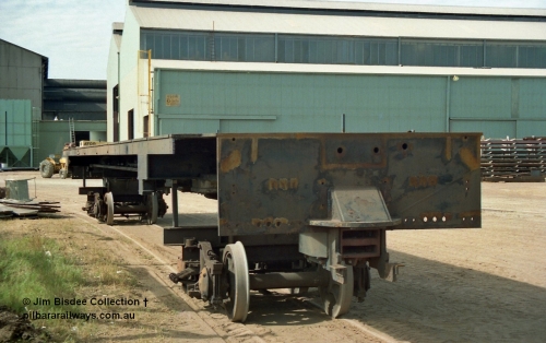 22664
Bassendean, during an Open Day at the Goninan workshops, a stripped back ALCo locomotive frame under re-construction which will become a GE CM40-8M. 20th July 1991.
Jim Bisdee photo.
