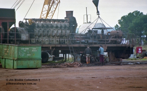 23907
Bassendean, Goninan workshops, Mt Newman Mining AE Goodwin built ALCo M636 unit, 5474 serial G6047-6 ALCo 251 prime mover, being stripped prior to rebuilding into CM40-8M 5655 in December 1993. July 1993.
Jim Bisdee photo.
Keywords: 5474;AE-Goodwin;ALCo;M636C;G6047-6;