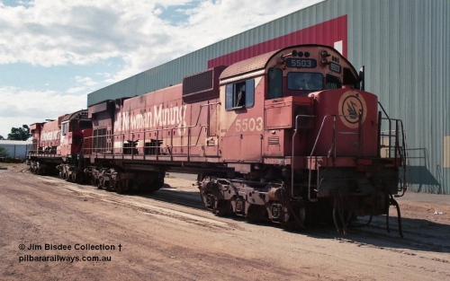 24905
Bassendean, Goninan workshops, Mt Newman Mining's Comeng NSW built ALCo M636 5503 serial C6104-1 sits out the back in a partially stripped state. This unit was subsequently scrapped. July 1995.
Jim Bisdee photo.
Keywords: 5503;Comeng-NSW;MLW-ALCo;M636;C6104-1;