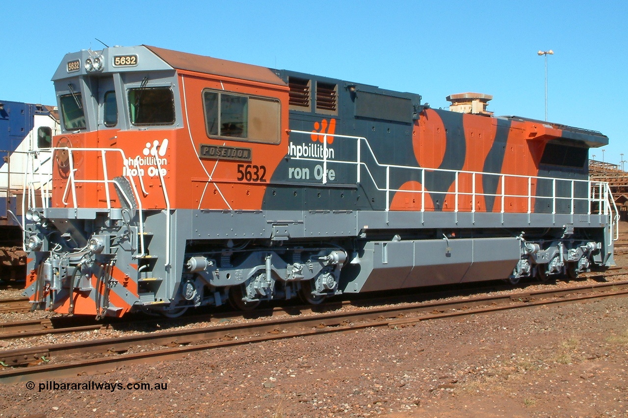 030726 121315r
Nelson Point Loco Overhaul Workshop sees BHP Billiton Goninan GE build CM39-8 unit 5632 'Poseidon' serial 5831-11 / 88-081 as it waits for a new engine. Although this was the first unit painted, sister loco 5639 saw the first mainline working of the new scheme to Yandi. This shot was taken on Saturday 26th July 2003.
Keywords: 5632;Goninan;GE;CM39-8;5831-11/88-081;