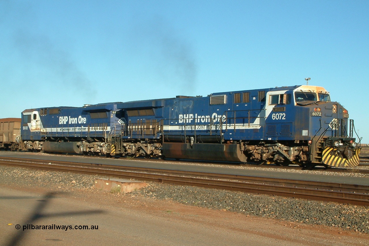 040528 161226r
Nelson Point, BHP GE AC6000 6072 'Hesta' serial 51064 leads Goninan CM40-8M unit 5661 'Funamachi' serial 8412-06/94-152 at the 'dirt road crossing' as they head towards Car Dumper 3, 28th May 2004.
Keywords: 6072;GE;AC6000;51064;