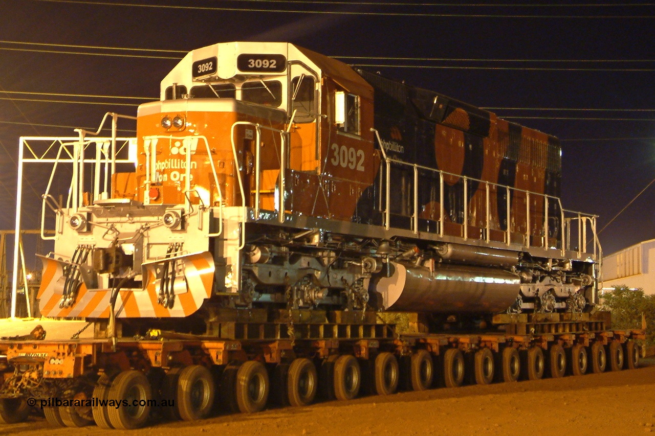 040807 185900r
Nelson Point BHP Billiton EMD SD40R unit 3093 serial 31498 originally Southern Pacific SD40 SP 8417 waits on a road float to be lifted onto rails the following day 7th August 2004.
Keywords: 3092;EMD;SD40R;31498/7861-8;SD40;SP8417;