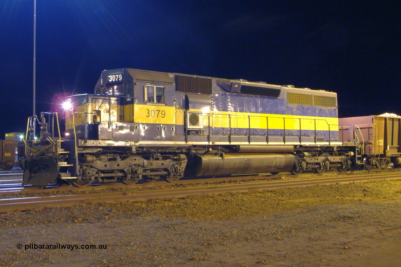 040808 193836r
Nelson Point BHP Billiton SD40 unit 3079 serial 31542 originally Southern Pacific SD40 SP 8461 and still in former owner IC&E blue and yellow has been fitted with some crew amenities like cab air-con, radios and microwave to allow it to operate as a yard pilot, seen here as it waits with a loaded train at Car Dumper 2 8th August 2004.
Keywords: 3079;EMD;SD40;31542/7861-52;SP8461;