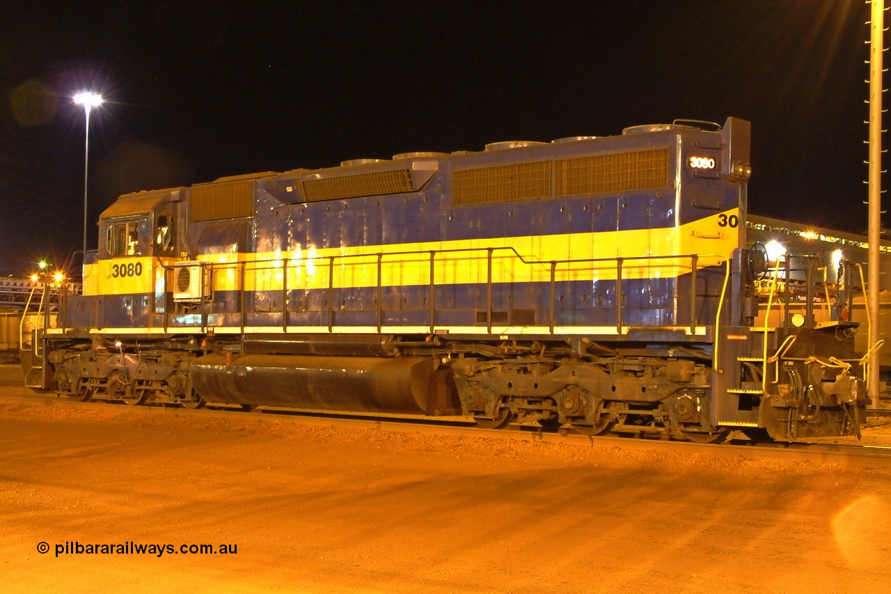 040816 190153r
Nelson Point, BHP EMD SD40 units 3080 serial 33674 originally Southern Pacific SD40 SP 8482 and still in former owner IC&E blue and yellow livery awaits a return to service after a day at the wheel lathe 16th August 2004.
Keywords: 3080;EMD;SD40;33674/7083-4/SP8482;