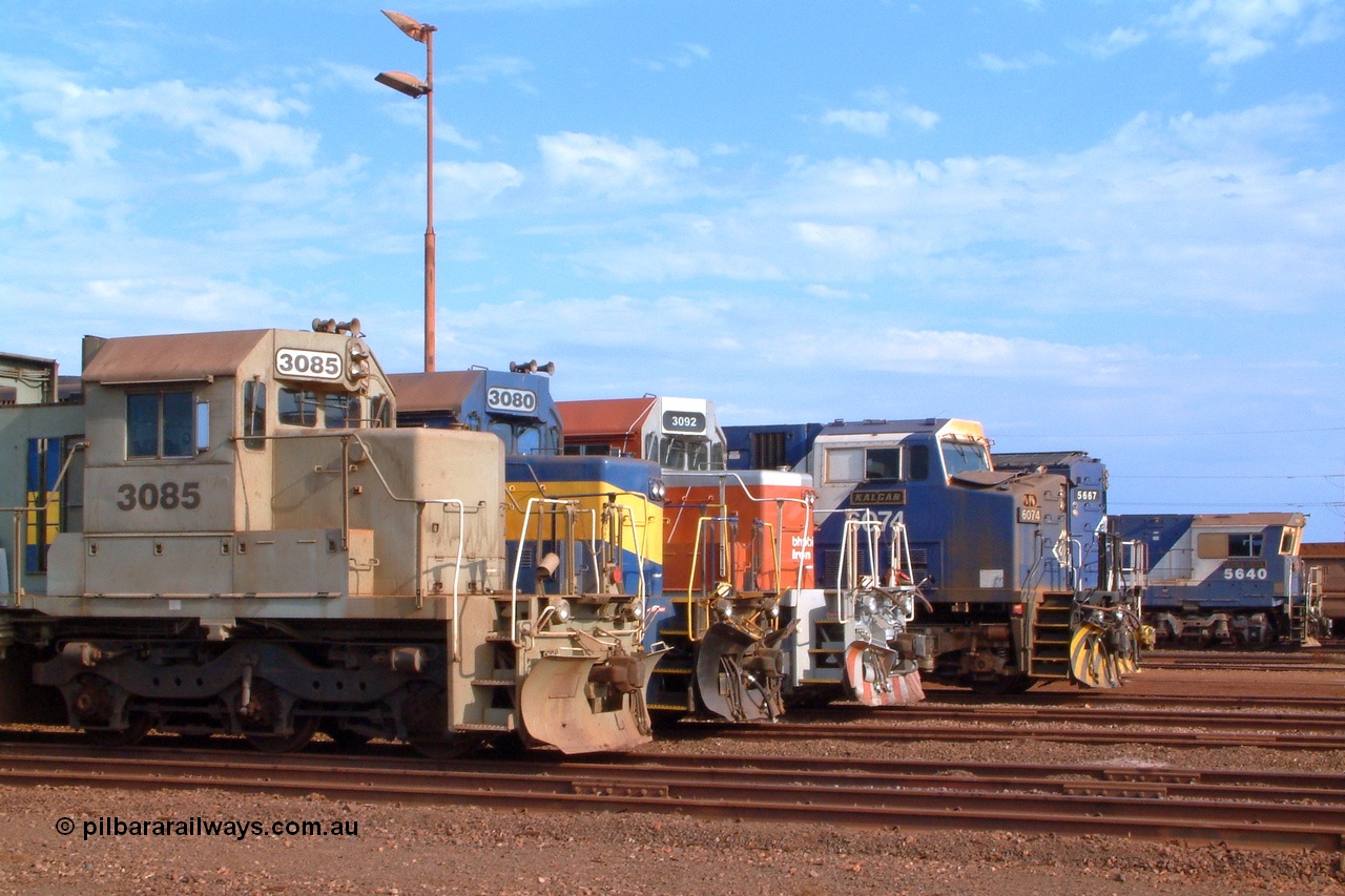 041119 162246r
Nelson Point, a Pilbara Power Parade line-up of (from l to r) of EMD SD40-2 3085, EMD SD40R 3080, 3092, GE AC6000 6074, Goninan GE CM40-8M 5667 and 5640. Seen out the front of the Locomotive Overhaul Shop on Friday 19th November 2004.
Keywords: 3085;EMD;SD40-2;786170-25;UP3523;