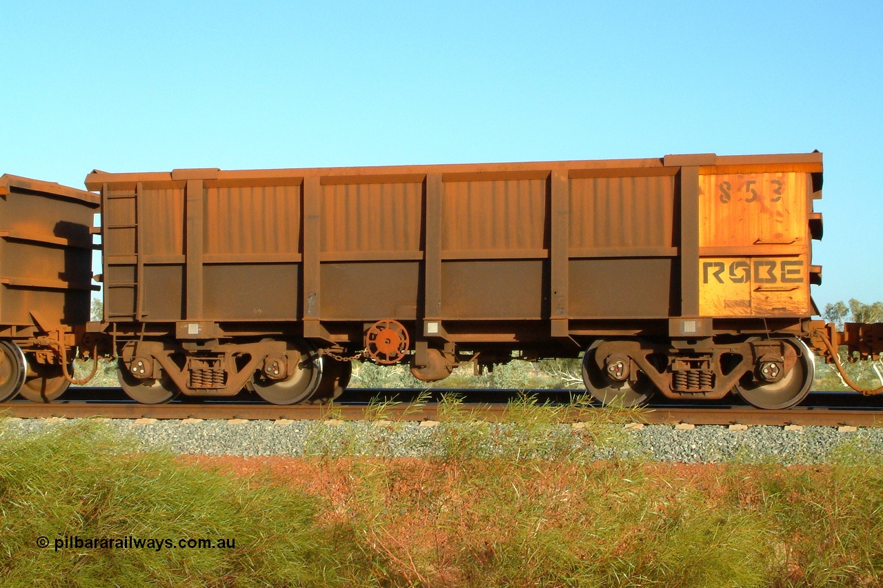 050110 175356r
Harding Siding, Robe River ore waggon 853 built by Centurion Industries WA in 1992 is a standard Robe River pattern 'J Car' used exclusively on the Robe Valley line between Cape Lambert and Mesa J or A mine loadouts. Monday 10th January 2005.
Keywords: 853;Centurion-Industries-WA;J-series;