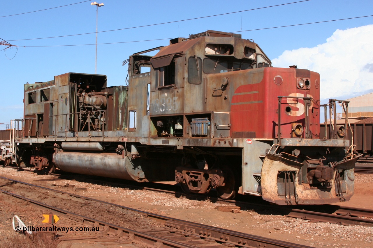 050319 0082r
Nelson Point, Ex Southern Pacific SD40T-2 loco 8335 serial 786175-9 built in April 1979 and retired by Union Pacific 23rd May 2001, this unit was purchased as a spares source for the other SD40 style units. The T signifies that it is a Tunnel motor with a modified radiator intake to allow 'cool' running through the Sierra Nevada tunnels. And the 'M' with a lighting rod through it meant that it was a master unit for radio controlled helpers, used in the Tehachapi mountains. 19th March 2005.
Keywords: SP8335;EMD;SD40T-2;786175-9;