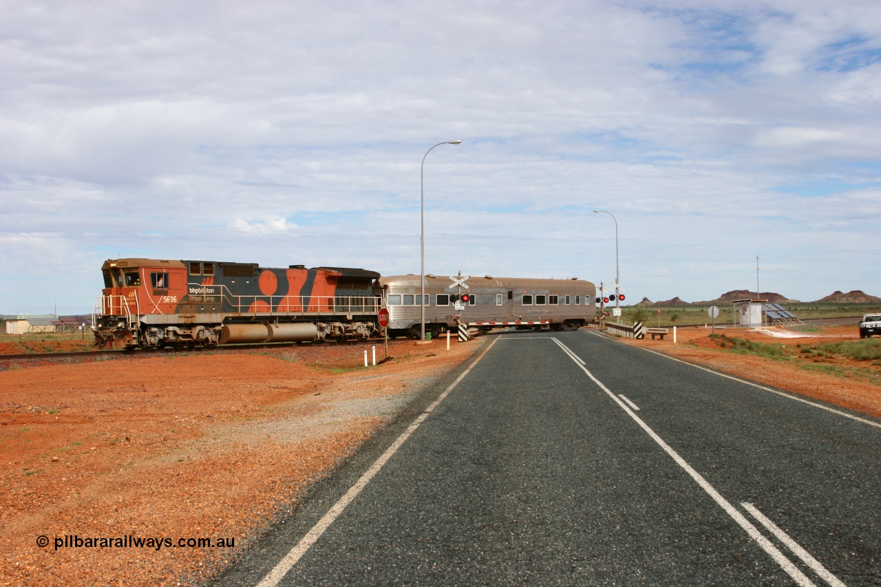 050624 3268
Broome Rd grade crossing at the 57.1 km on the GML sees BHP Billiton Goninan GE rebuilt model CM40-8M unit 5636 'Munda' serial 8151-11 / 91-122 leads the Sundowner on its way to Goldsworthy across the highway 24th June 2005.
Keywords: 5636;Goninan;GE;CM40-8M;8151-11/91-122;rebuild;AE-Goodwin;ALCo;C636;5462;G6035-3;