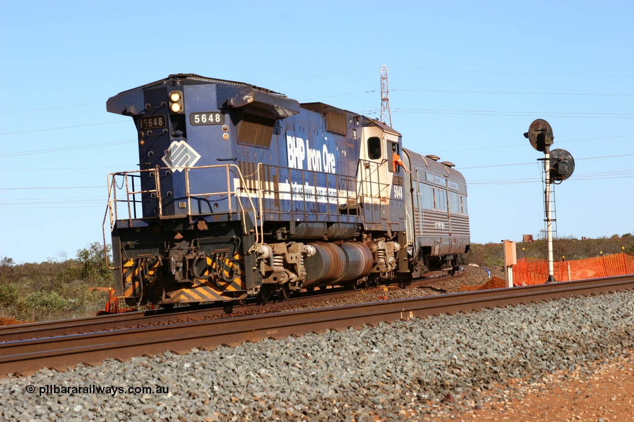 050625 3840
Goldsworthy Junction, BHP Goninan GE rebuilt model CM40-8M unit 5648 'Kwangyang Bay' serial 8412-06 / 93-139 long end leading runs off the Goldsworthy or GML line past signal GJ 2 onto the Newman mainline with the Sundowner on its return to Hedland 25th June 2005.
Keywords: 5648;Goninan;GE;CM40-8M;8412-06/93-139;rebuild;AE-Goodwin;ALCo;M636C;5477;G6047-9;