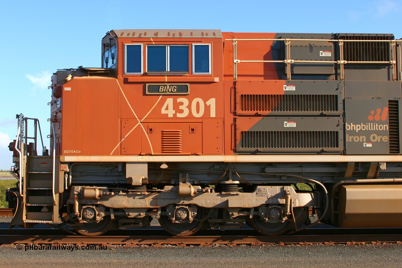 060416 3508r
Nelson Point south yard, BHP Billiton Electro-Motive built SD70ACe/LC operational class leader 4301 'Bing' serial 20038540-002. Actual class leader 4300 was purchased wholly as a spare parts source. 16th April 2006.
Keywords: 4301;Electro-Motive;EMD;SD70ACe/LC;20038540-002;