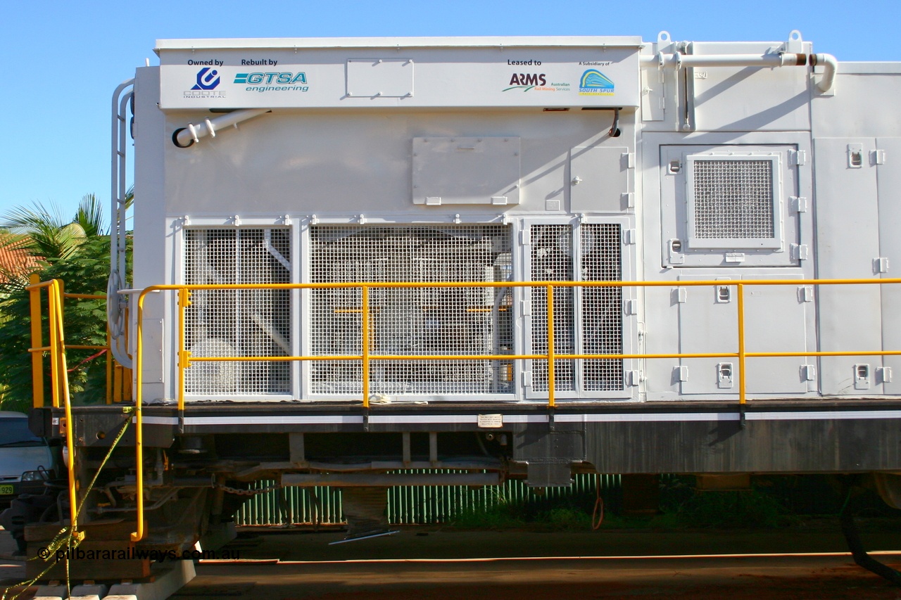 070501 9014r
Wedgefield, radiator section showing ownership details of Coote Industrial ALCo rebuild unit DR 8402 'Margaret' originally Hamersley Iron #3007 an AE Goodwin built ALCo C636 serial G6011-2, rebuilt by Comeng WA 1985 to C636R serial WA135 / C6011-02, then rebuilt by GTSA with an Alco 251F engine for the construction of the FMG line. 1st May 2007.
Keywords: DR-class;DR8402;Comeng-WA;ALCo;C636R;WA135/C6011-2;