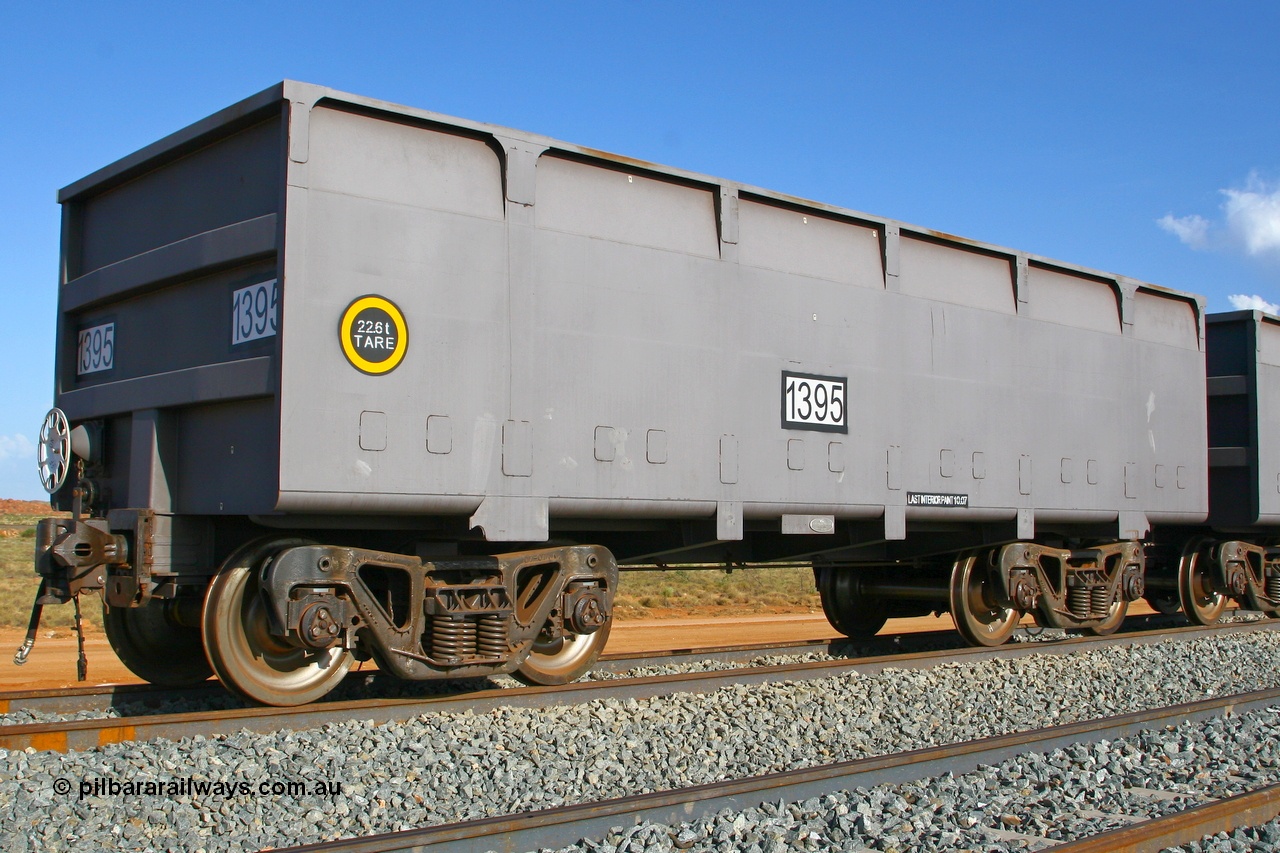 080116 1371r
Chapman Siding, FMG 'slave' ore waggon 1395 tare 22.6 tonnes with rotary coupler built by the Zhuzhou Rolling Stock Works in China, stands on the passing track. 16th January 2008.
Keywords: CSR-Zhuzhou-Rolling-Stock-Works-China;