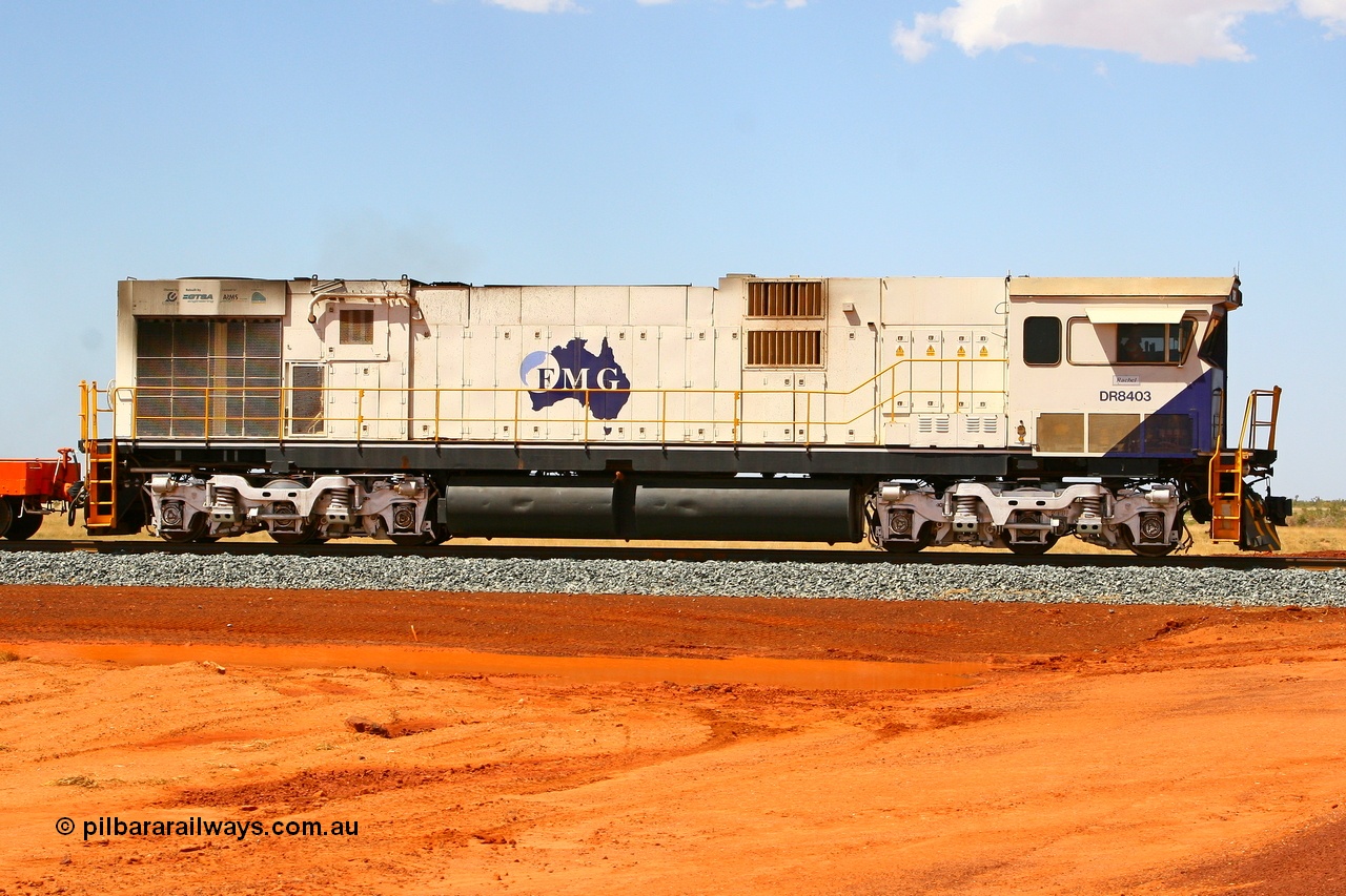 080120 1581r
Indee Rd grade crossing, just south of Barker Siding, Comeng WA ALCo rebuild C636R model DR 8403 'Rachel' serial WA143-2, is ex Robe River 9427 and was originally ALCo C636 serial 3499-02 of 1968 for Pennsylvania Railroad (USA) #6331, seen here on the point of a loaded ballast train. 20th January 2008.
Keywords: DR-class;DR8403;Comeng-WA;ALCo;C636R;WA143-2;