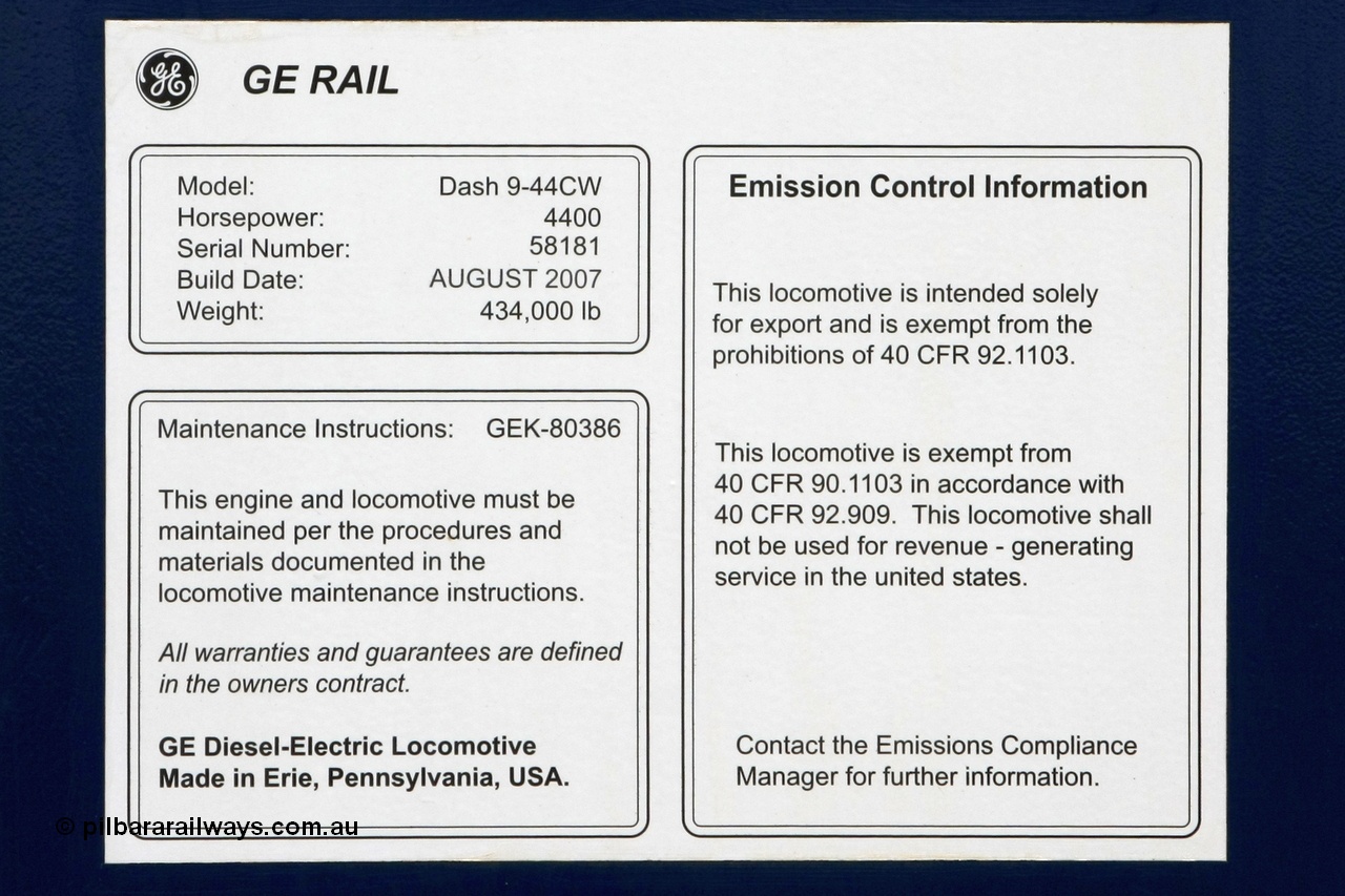 081225 0587r
Builders decal for FMG's General Electric built Dash 9-44CW unit 004 serial 58181. 25th December 2008.
Keywords: FMG-004;GE;Dash-9-44CW;58181;