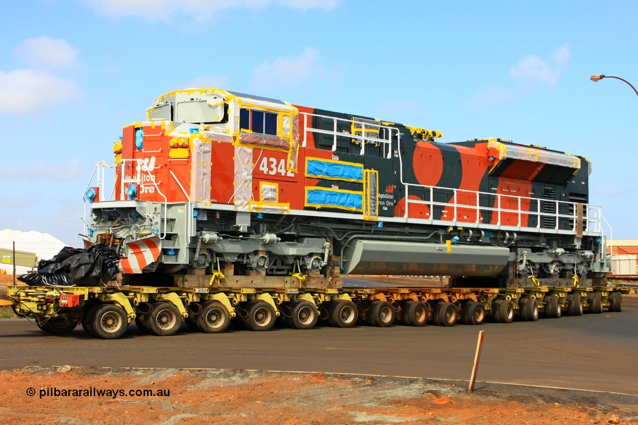 090114 0879
Port Hedland, Electro-Motive built SD70ACe/LC loco 4342 serial 20078915-009 turns off Gilbert Street and into Nelson Point via Gate 9 14th January 2009.
Keywords: 4342;Electro-Motive;EMD;SD70ACe/LC;20078915-009;