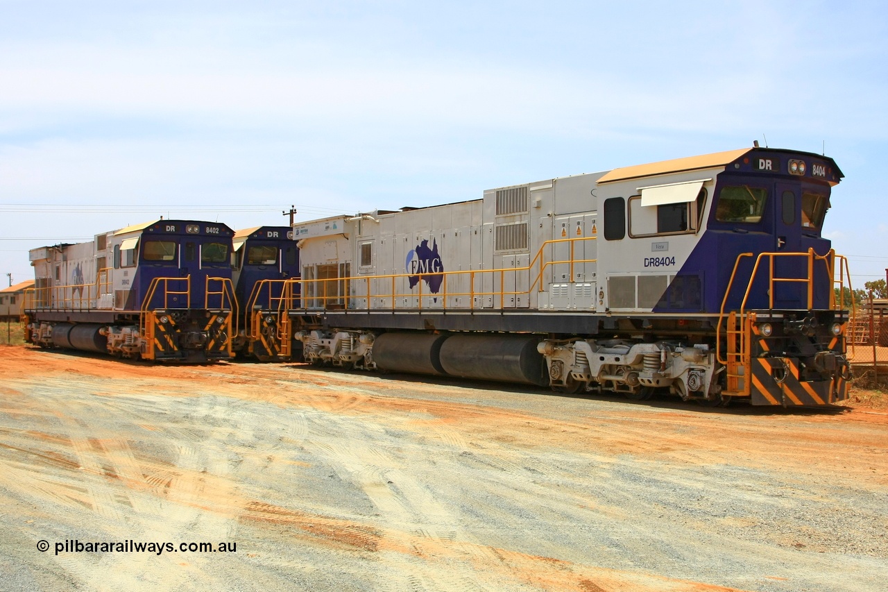 090122 1804r
Wedgefield, Asset Kinetics yard, off hire units from the FMG railway construction stored awaiting their fate. All Comeng WA ALCo rebuilds, DR 8404 'Vera' serial WA135 / C6040-01 and DR 8402 'Margaret' serial WA135 / C6011-02 are both C636R models, while the obscured unit is DR 8401 'Jean' serial WA143-1 also an C636R model.
Keywords: DR-class;DR8404;Comeng-WA;ALCo;C636R;WA135/C6040-1;