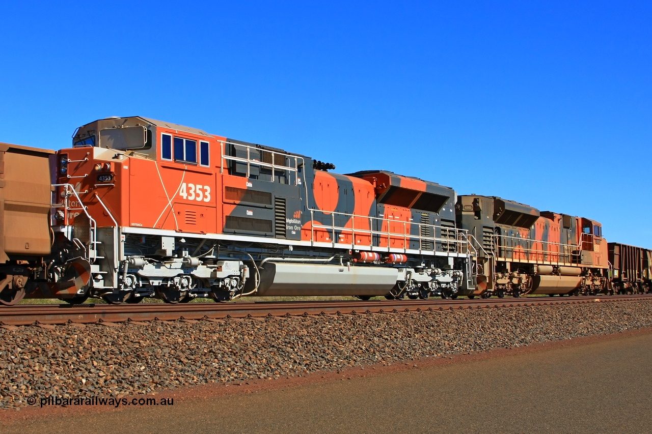 091002 2629r
Port Hedland, at the 11.8 km on the big curve the second set lead controlling remote BHP Billiton locomotive 4353 from the fifth order for nine SD70ACe model EMD units from Electro-Motive and built in London, Ontario in 2009 with serial 20088019-007 controls older stablemate 4303 Walla from the original SD70ACe/LC order. 4353 would later be named Warman. 2nd October 2009.
Keywords: 4353;Electro-Motive-London-Ontario;EMD;SD70ACe;20088019-007;