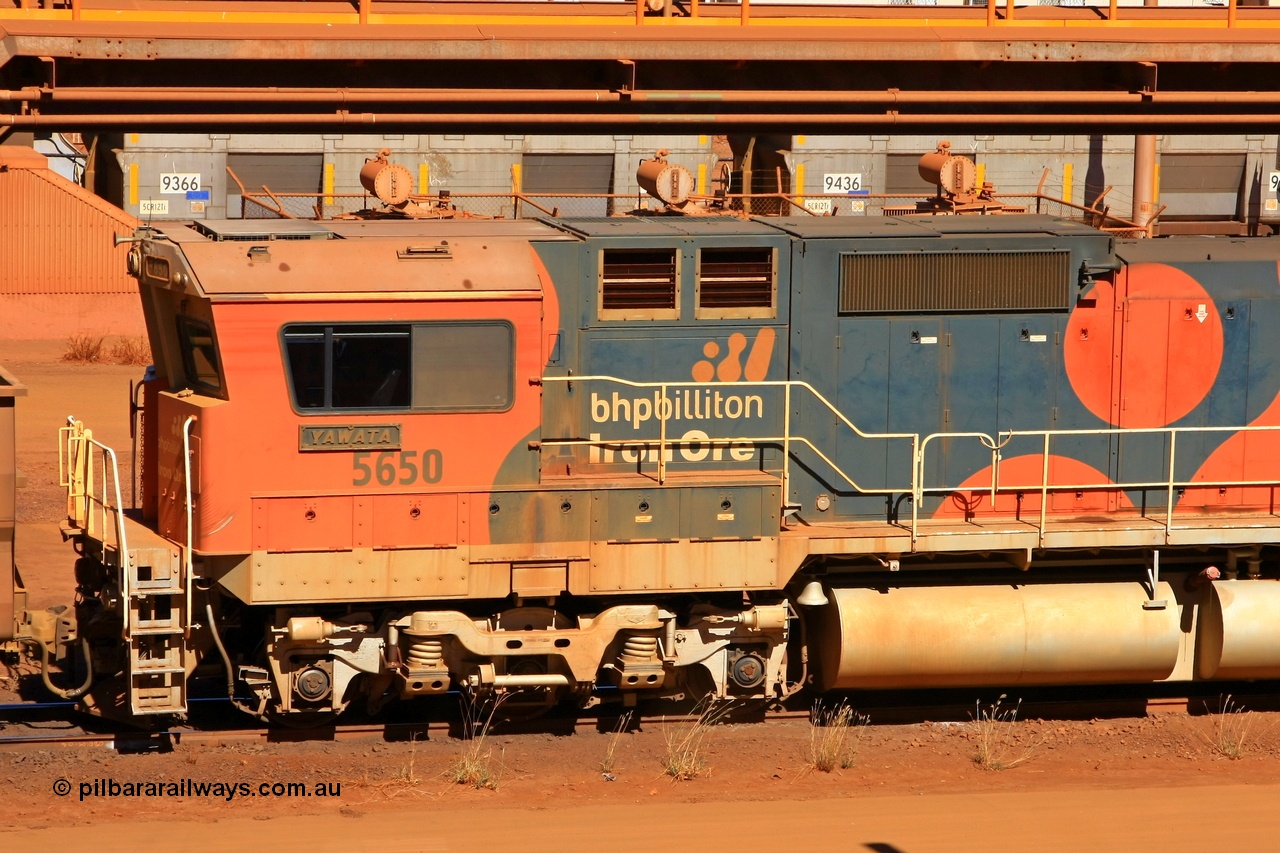 100508 8226r
Nelson Point, BHP Billiton's Goninan GE CM40-8M unit 5650 'Yawata' serial 8412-07 / 93-141 rebuilt from AE Goodwin M636C ALCo 5481, cab side shot shows Hi-Ad bogie, modified handrail and black side loco numbers, only 5639 and 5650 carried black numbers till retirement with the original repaint 5632 having its black numbers changed to white. 8th May 2010.
Keywords: 5650;Goninan;GE;CM40-8M;8412-07/93-141;rebuild;AE-Goodwin;ALCo;M636C;5481;G6061-2;