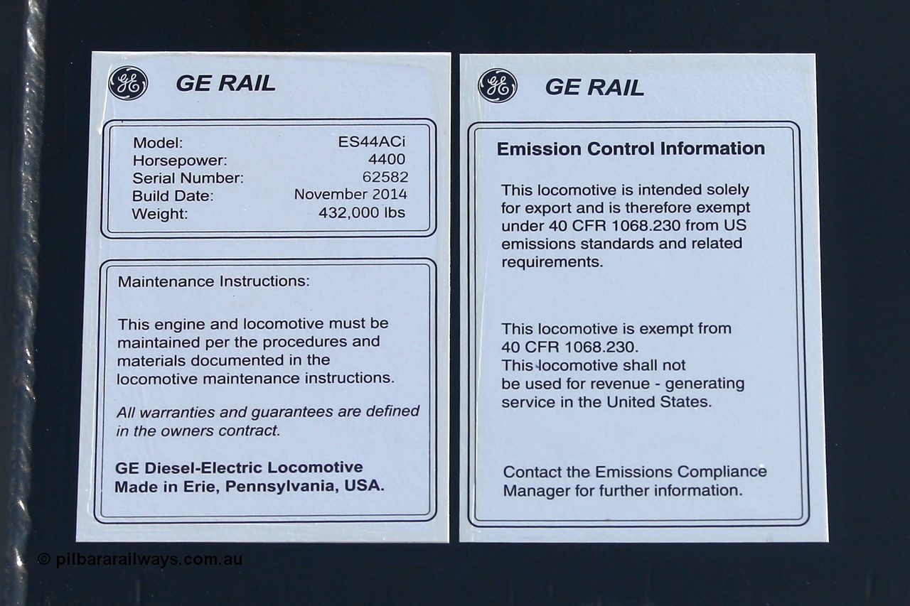 150130 7634r
Roy Hill builders' sticker for General Electric built model ES44ACi serial 62582 locomotive RHA 1010. 30th January 2015.
Keywords: RHA-class;RHA1010;GE;ES44ACi;62582;