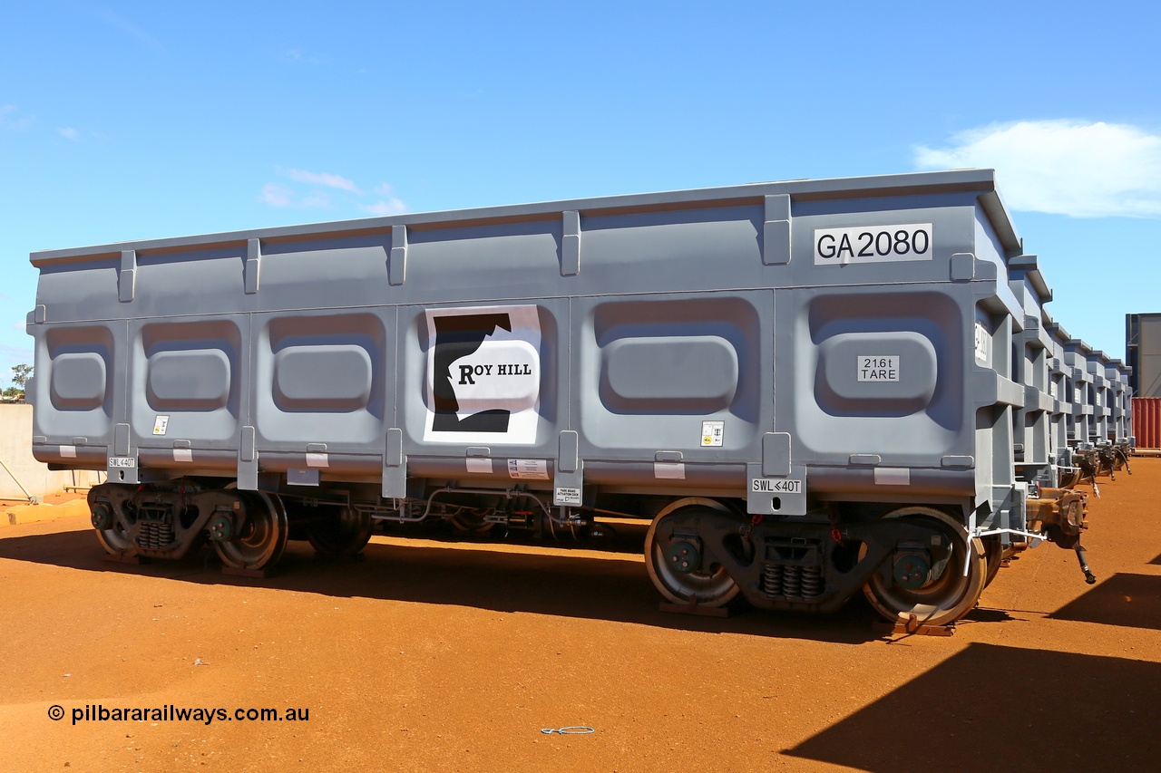 150314 7775r
Wedgefield, sitting in a storage yard while more rail is laid, Roy Hill rotary tip ore waggon GA 2080 which is one of the 1196 built by China Southern Rail in Zhuzhou China with a 70m³ capacity. 14th March 2015.
Keywords: GA2080;China-Southern-Rail;