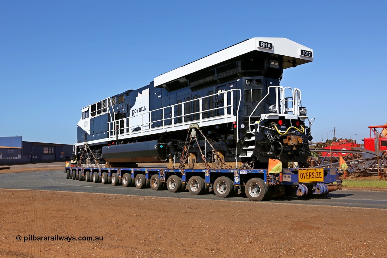 151230 9701
Port Hedland, left hand side rear view of Roy Hill's General Electric built ES44ACi unit RHA 1017 serial 63828, this angle shows the size of the radiator wing section. 30th December 2015.
Keywords: RHA-class;RHA1017;GE;ES44ACi;63828;