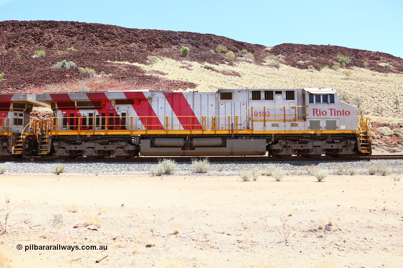 160306 1423
Green Pool, Rio Tinto General Electric built ES44ACi unit 9103 serial 61941 with a loaded ex-Deepdale awaits a meet with an empty, right hand side view. 6th March 2016. [url=https://goo.gl/maps/2nXD6ES9yUU2]View location here[/url].
Keywords: 9103;GE;ES44ACi;61941;