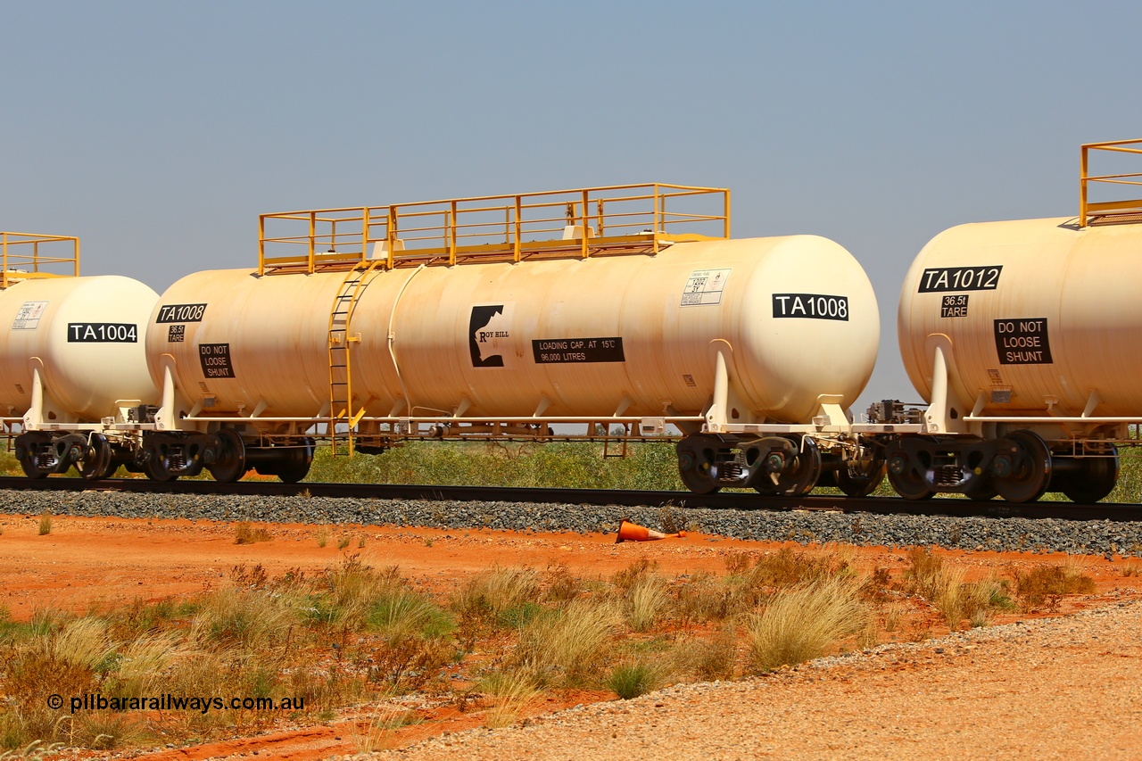 170915 0720r
Great Northern Highway 18.2 km grade crossing, Roy Hill fuel tank waggon TA 1008 one of twelve built by China Southern Rail in Zhuzhou China with a 96,000 litre capacity. 15th September 2017. [url=https://goo.gl/maps/r4Lj4cYxLBx]View map here[/url].
Keywords: TA1008;China-Southern-Rail;