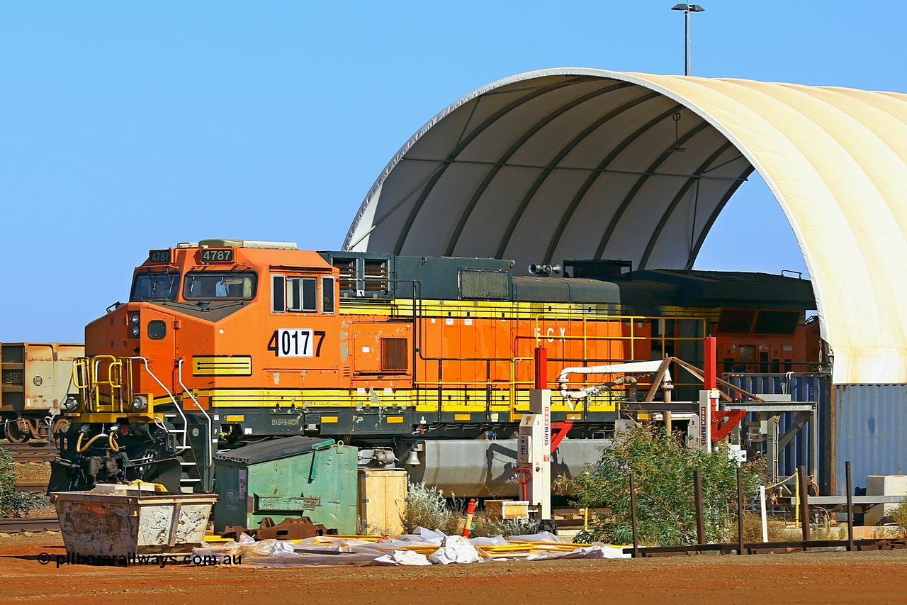 211128 2902
Thomas Yard, one of the eight second hand General Electric 9-44CW units FMG recently acquired undergoes preparations for entry into traffic. 017 was built by General Electric in June 1998 for BNSF (US railroad) with serial number 50641 and original road number 4787. The have been numbered consecutively on from the existing Dash 9 fleet. 28th November 2021.
Keywords: 017;GE;Dash-9-44-CW;50641