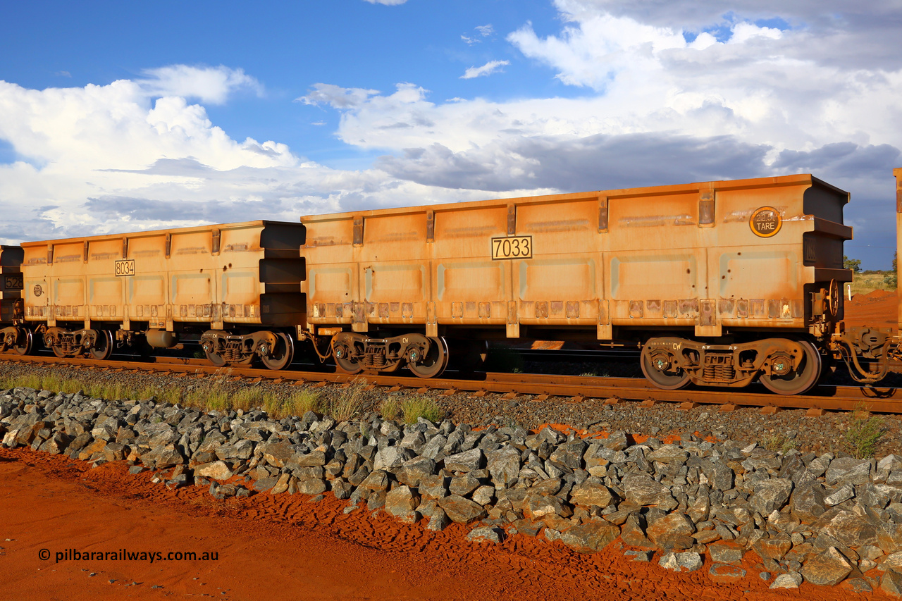 7033-8034 200409 4854
FMG 7033 and 8034 at Boodarie on an empty train, April 9, 2020. More CNR builds but 22.5 tonne tare, 244 waggons numbered 7033 slave and 8034 control, up to 7275 slave and 8276 control built by CNR QRRS Qiqihar Railway Rolling Stock Co. Ltd. in 2013.
