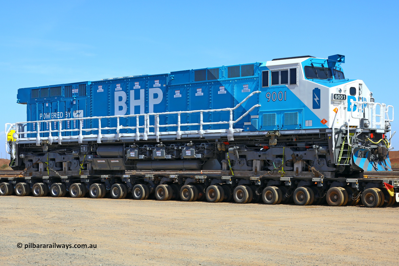 251116 4517 9001 NP RHS
Nelson Point, BHP's 9001 class leader, a brand new Wabtec built FLXdrive ™ battery electric locomotive, or BEL, was delivered to site on November 16, 2025. The BEL's, 9001 and 9002 were built by Wabtec at their Erie, Pennsylvania, USA plant and are designated as model FXH70C. Both locos were shipped on the BBC St Petersburg and road transport provided by Tutt Bryant. 9001 has serial number 66453 and a built date of Dec 2023.
Keywords: 9001;66453;Wabtec;BEL;FXH70C;