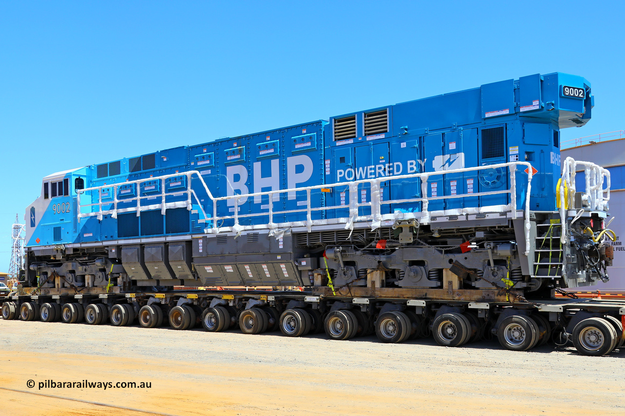 251117 4661 9002 NP LHS
Nelson Point, BHP's 9002, a brand new Wabtec built FLXdrive ™ battery electric locomotive, or BEL, was delivered to site on November 16, 2025. The BEL's, 9001 and 9002 were built by Wabtec at their Erie, Pennsylvania, USA plant and are designated as model FXH70C. Both locos were shipped on the BBC St Petersburg and road transport provided by Tutt Bryant. 9002 has serial number 66454 and a built date of Dec 2023.
Keywords: 9002;66454;Wabtec;BEL;FXH70C;