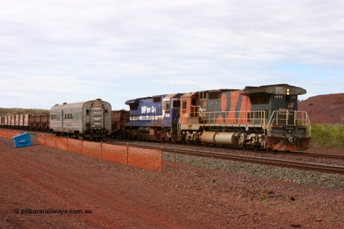 050624 3371
Goldsworthy Siding 110.8 km on the GML sees BHP Billiton Goninan GE rebuilt model CM40-8M unit 5636 'Munda' serial 8151-11 / 91-122 leading long end on a loaded Yarrie ore train assisting CM40-8 5646 past the Sundowner set up for the Black Rock Stakes 24th June 2005.
Keywords: 5636;Goninan;GE;CM40-8M;8151-11/91-122;rebuild;AE-Goodwin;ALCo;C636;5462;G6035-3;