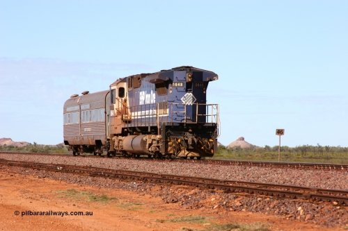 050625 3797
Allan Siding at the 46 km on the GML sees BHP Goninan GE rebuilt model CM40-8M unit 5648 'Kwangyang Bay' serial 8412-06 / 93-139 long end leading the Sundowner along the main on its return to Hedland 25th June 2005.
Keywords: 5648;Goninan;GE;CM40-8M;8412-06/93-139;rebuild;AE-Goodwin;ALCo;M636C;5477;G6047-9;