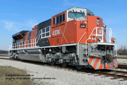 120307 0074 brian marsh
The first BHP Billiton Progress Rail built SD70ACe unit at Muncie USA. Note the lack of nose grab irons, the unit also has two new EMD type roof mounted antennas, a larger antenna at the rear, no grabs on the rear, no grabs behind the inverter area and has additional access openings in the side railing, just a few details of note. Window protectors have not yet been installed and step well guards will be installed in Australia.
Photo by Brian Marsh, Overland Models, Inc.
Keywords: 4374;Progress-Rail-Muncie-USA;EMD;SD70ACe;20108424-001;