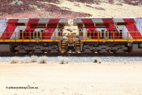 160306 1428
Green Pool, two Rio Tinto General Electric built ES44ACi units 9103 serial 61941 and 9110 serial 62541 coupled back to back, view of radiator sections. 6th March 2016. [url=https://goo.gl/maps/2nXD6ES9yUU2]View location here[/url].
Keywords: 9103;GE;ES44ACi;61941;Rio-Tinto-Stripes;
