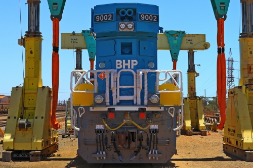 w r251117 4744
BHP's Battery Electric Locomotive 9002, a brand new Wabtec built FLXdrive ™ battery electric locomotive, or BEL, sits at BHP's Nelson Point hard stand area having recently been placed onto rails.
The BEL's, 9001 and 9002 were built by Wabtec at their Erie, Pennsylvania, USA plant and are designated as model FXH70C. Both locos were shipped on the BBC St Petersburg with road transport and lifting provided by Tutt Bryant.
9002 has serial number 66454 and a built date of Dec 2023.
November 17, 2025.
Keywords: 9002;66454;Wabtec;BEL;FXH70C;